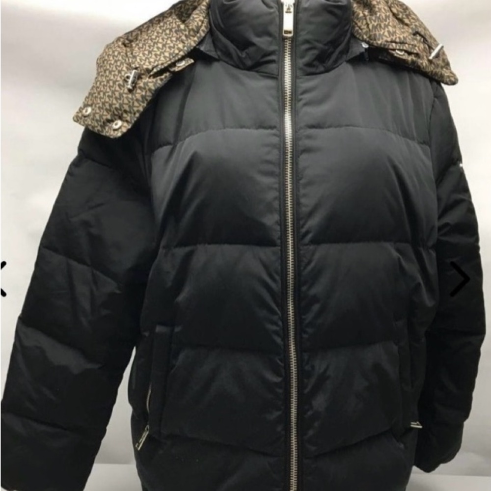 Michael Kors Black Puffer Jacket with Patterned Hood